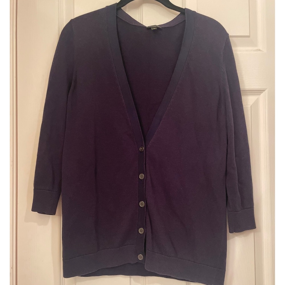 Talbots Womens Navy‎ Blue V-Neck Button Front 3/4 Sleeve Cardigan Sweater Size M